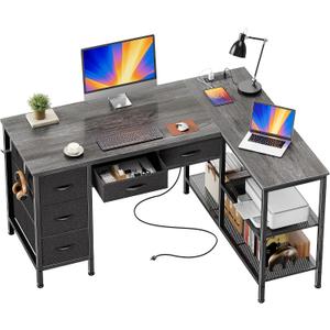 PRAISUN 47 Inch L Shaped Desk with Power Outlets, 5 Fabric Drawers