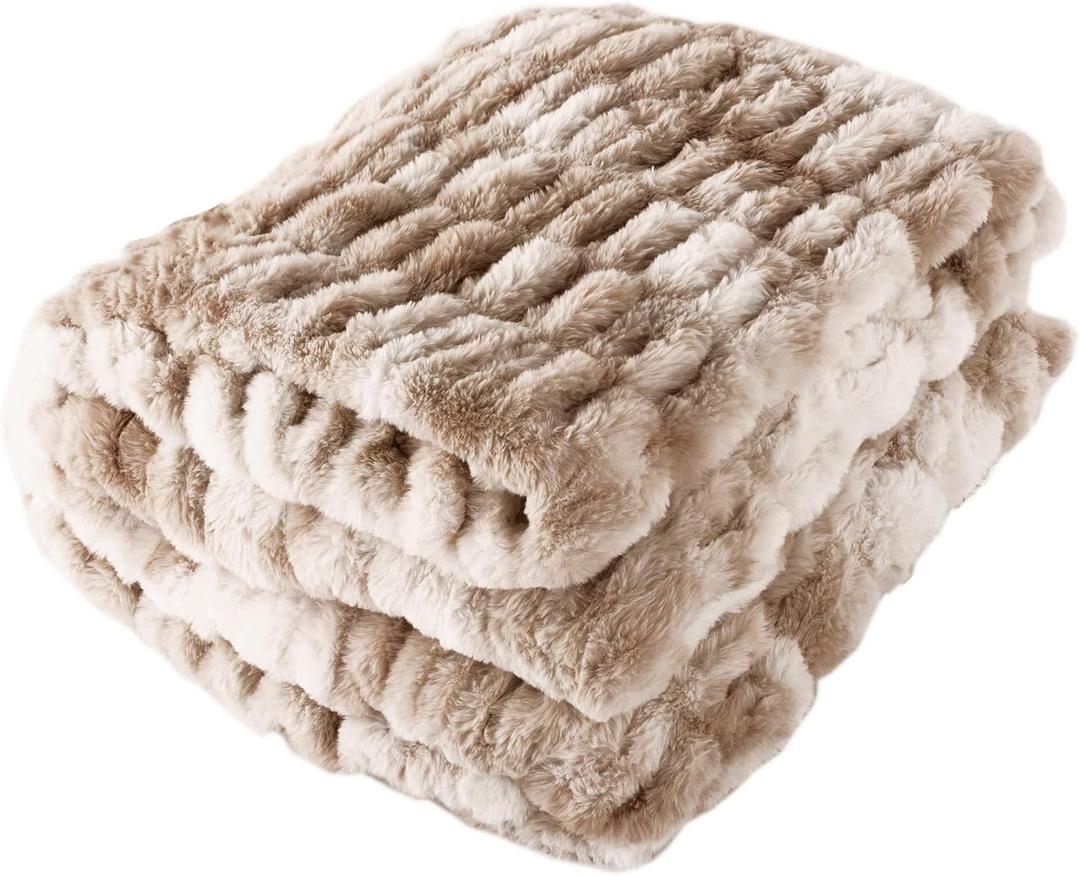 Lavish Home Oversized Faux Fur Blanket - 60x80-Inch Ruched Polyester Queen for Bed or Couch - Luxurious (Taupe)