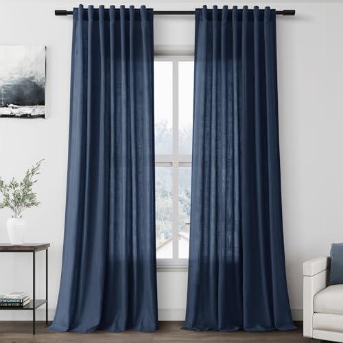 Nanspring Denim Blue Linen Curtains 96 Inches Long 2 Panels Set for Living Room Rod Pocket Back Tab Semi Sheer Light Filtering Protect Privacy Denim Blue Curtain for Bedroom Floor Length 52x96