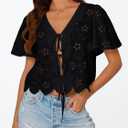 Trendy Queen Womens Summer Tops Cute Boho Blouses Beach Vacation Spring Outfits 2026 Tie Front Eyelet Embroidered Clothes (Black, M)
