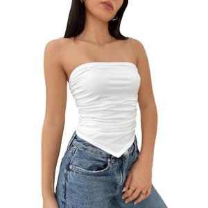 SweatyRocks Women's Asymmetrical Hem Slim Fit Tube Tops Strapless Sleeveless Crop Top (White, L)