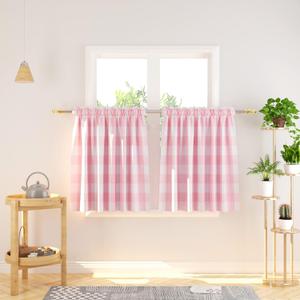 Cafe Curtains 30 inches Long Buffalo Plaid Kitchen Tiers 2 Panels Rod Pocket Gingham Check Short Small Half Window Curtains Bathroom Pink & White