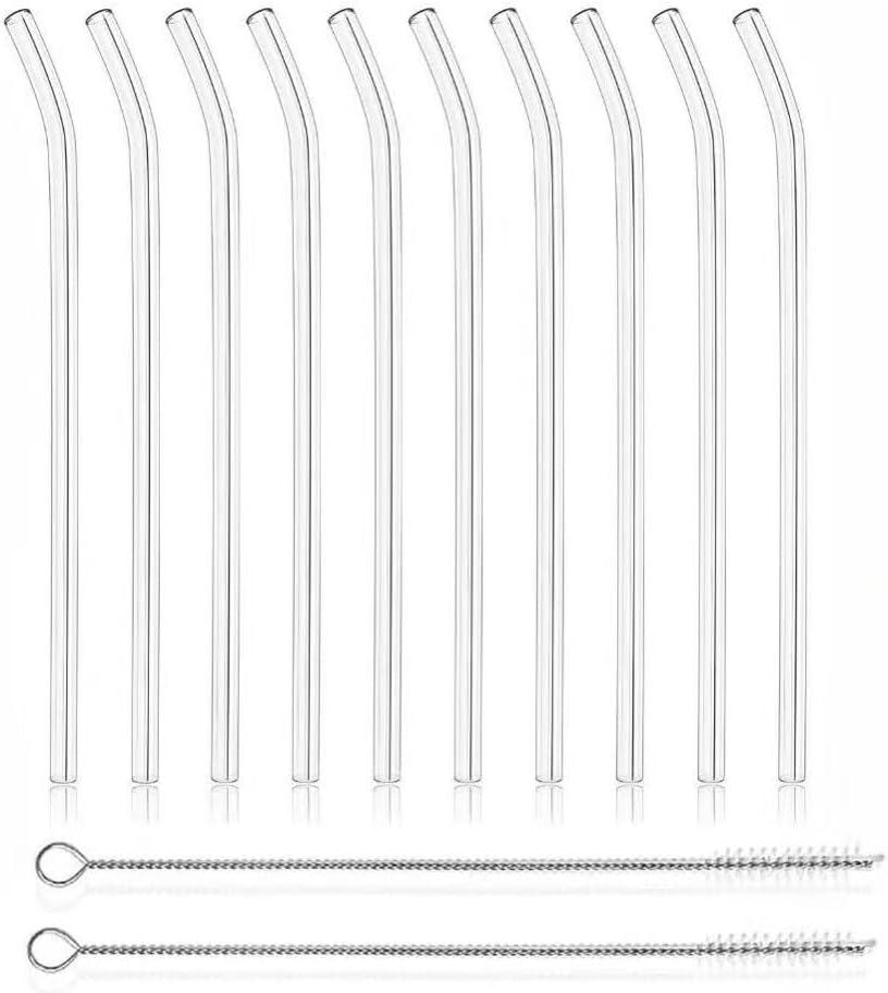12 reusable glass straws, measuring 7 inches x 8 millimeters, including 10 curved straws and 2 straw brushes. High borosilicate glass for reusable straw brushes for juices, coffee, and cocktails