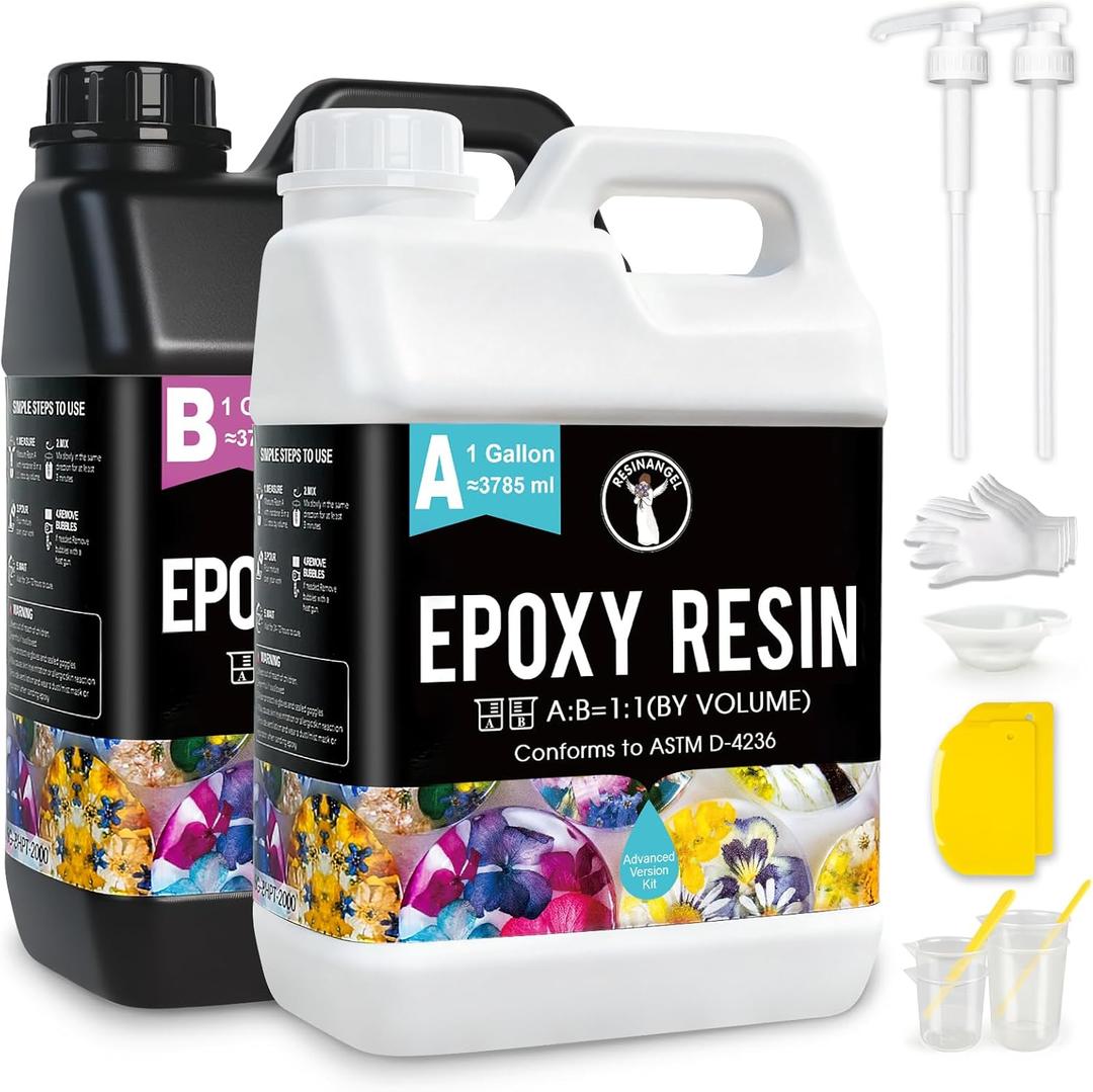 ResinAngel 2 Gallon Crystal Clear Epoxy Resin Kit with Pump, 1:1 Mix Ratio, Bubble Free UV Resistant for DIY Jewelry Making, Art Resina Clear Crafts, Molds, River Tables