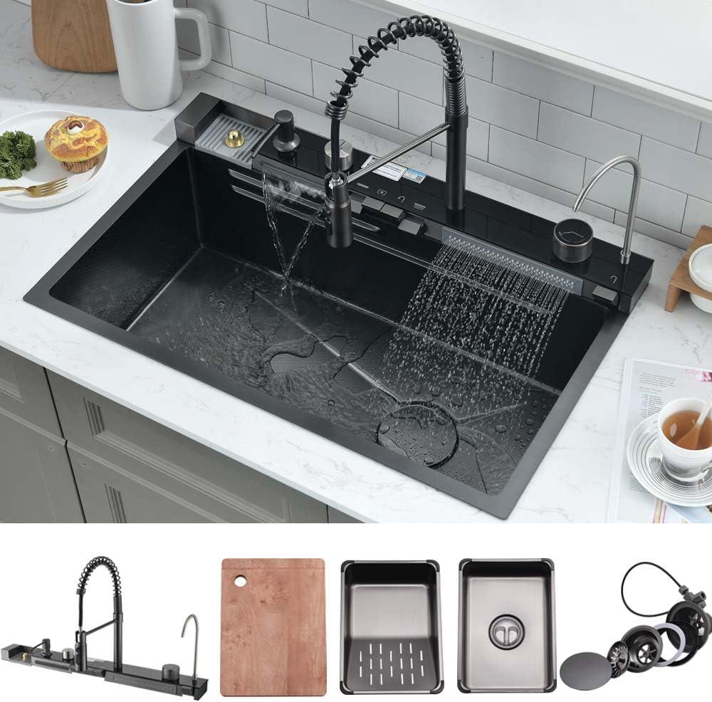 30 Inch Black Waterfall Kitchen Sink with Pull-Out Faucet Combo- Wesliv 30x18 Waterfall Sink Black Digital Display Smart Honeycomb Kitchen Sinks Deep Single Bowl with Accessories, 30"x18"x9"