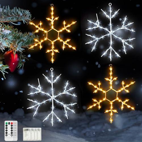 Tuanse 4 Pcs Christmas Silhouette Window Lights Christmas Snowflake Lights with Remote Control LED Lighted Snowflake Decorations Xmas for Window Wall (Warm White and White)