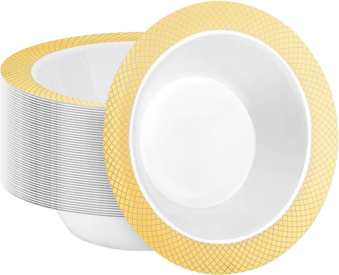 50 Pack Plastic Bowls with Gold Rim, 12oz Disposable Soup Bowls, Heavy Duty Plastic Salad Bowls for Parties, Weddings, and Everyday Use