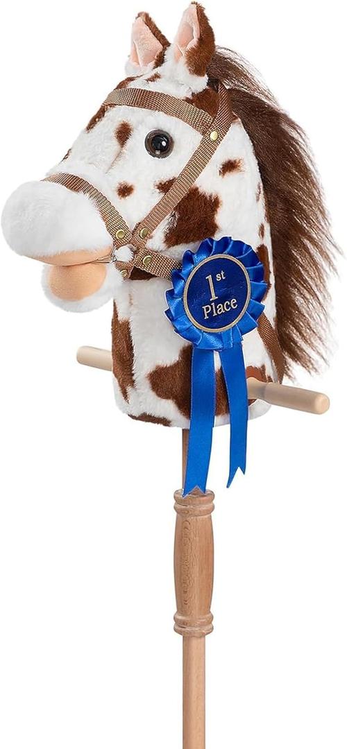 HollyHOME Stick Horse Plush with Detachable Blue Ribbon Champion Hobby Horse on Stick with Wood Wheels Real Pony Neighing for Kids Toddlers Appaloosa 36 Inches(AA Batteries Required)