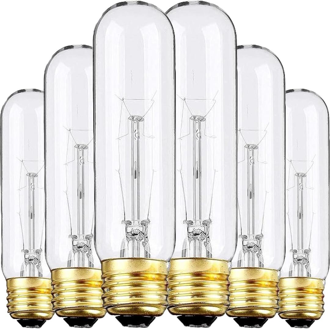 Edison Light Bulbs,120V, E26 Base, T10 Tubular Bulbs, 25W Clear Incandescent, Warm White, Dimmable Vintage Tubular Style Showcase Bulb (6-Pack)