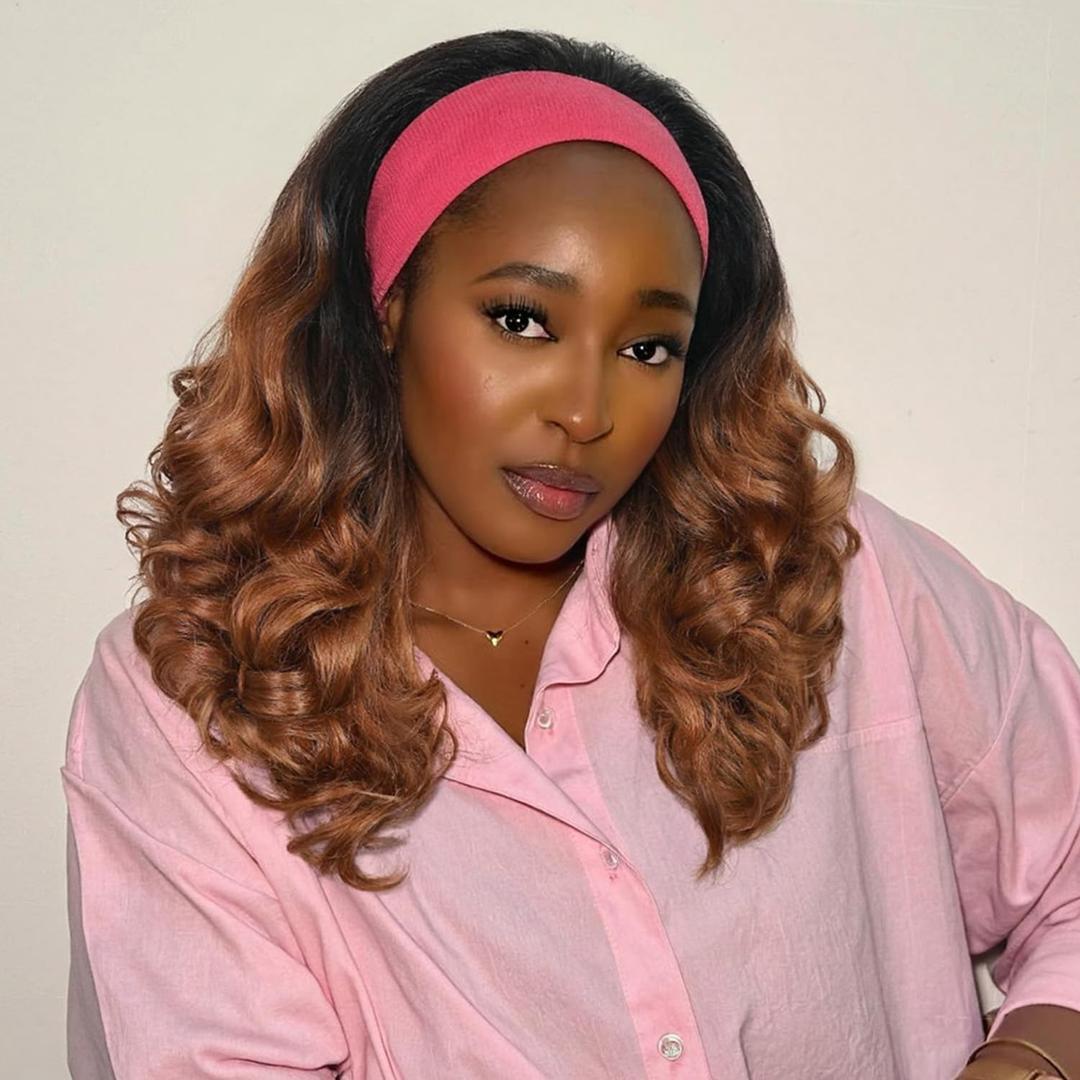 Quantum Love Yaki Curly Headband Wigs for Black Women Kinky Straight Ombre Brown Headband Curly Ends Synthetic Wear and Go Glueless Half Wig with Headbands Attached