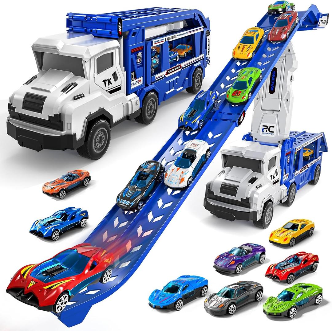 Transport Truck Toys for 3 4 5 6 7 Years Old Boys,Toys Cars Track Set Transporter Trucks with 12 Die-Cast Car Toys 2 Race catapults Dual-Track Model,Toddler Car Toy Set for Kids Boys Girls (Blue)