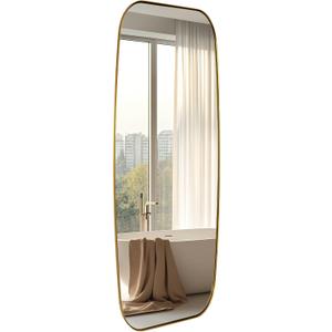 ANDY STAR 18x48 Full Length Wall Mirror, Brushed Gold Oblong Shaped Body Mirror with Stainless Steel Metal Frame, Rounded Corner Design for Floor and Leaning