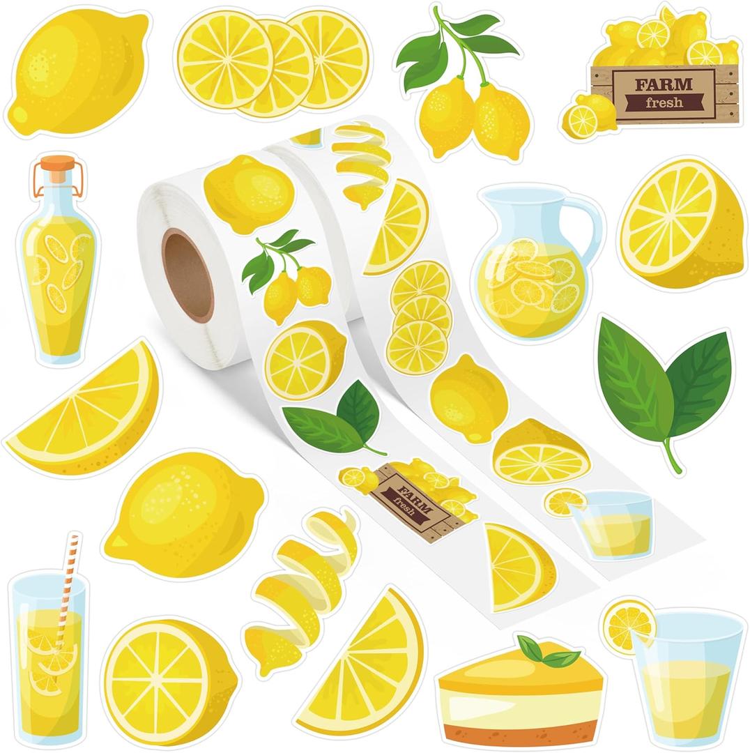 Yellow Lemon Sticker Roll- 1000Pcs Spring Summer Clementine Fruit Waterproof Aesthetic Decals for Scrapbook Crafts Laptop Party Supplies Favors Windows Water Bottle Home Decor Guiatr Birthday