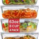 4 Pack 8 Cups/ 63oz Large Glass Storage Containers with Lids, Meal Prep Containers, Glass Food Storage with Airtight Lid for Baking, Leak Proof & Microwave, Oven Safe (4 Containers + 4 Lids)