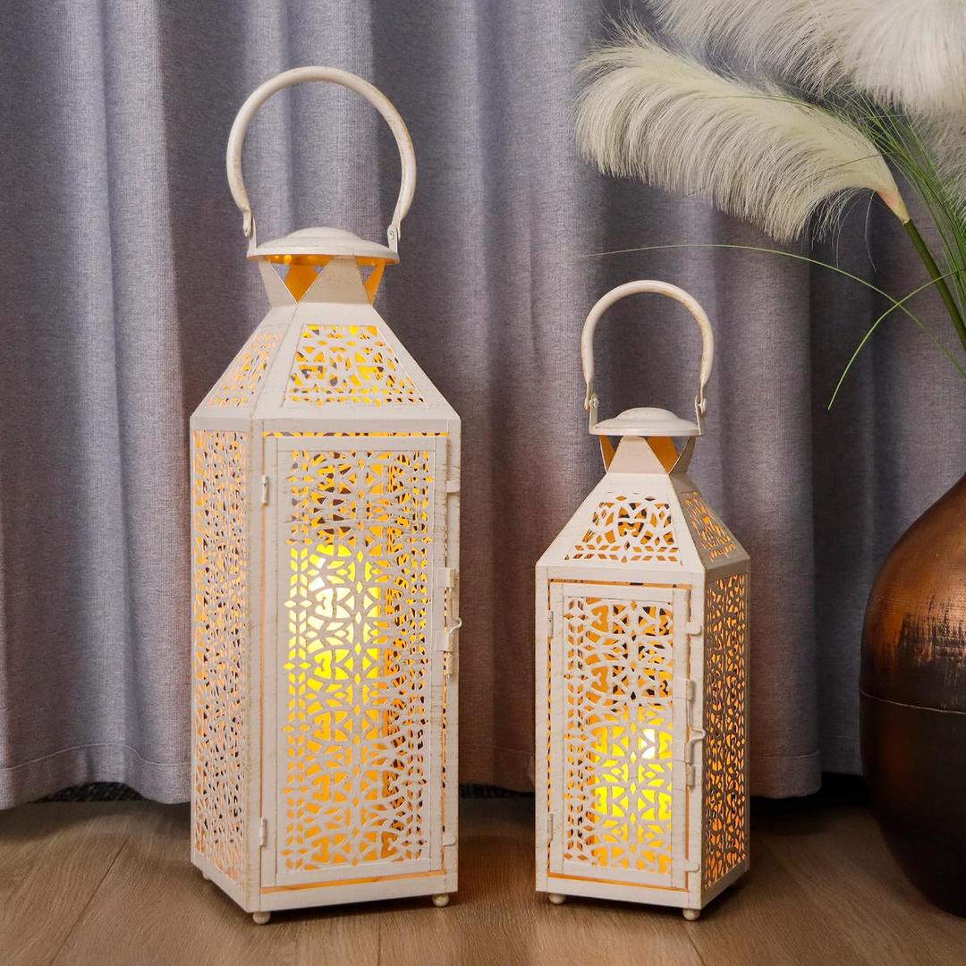 JHY DESIGN Set of 2 Vintage Candle Lanterns 19"&14''H Decorative Metal Candle Holders with Hollow Pattern for Garden Porch Shelf Indoor Outdoor Parties Weddings Patio(White Brushed Gold)