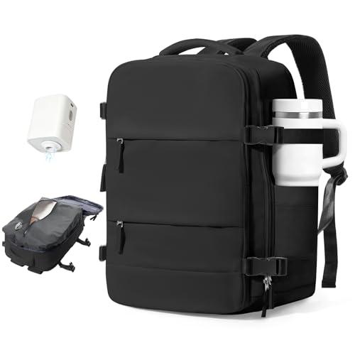 Vacuum Travel Backpack with Pump Women,Personal Item Carry on Backpacks Flight Approved 18x14x8 inches Men,Laptop Waterproof Work Compression bags Casual Daypack Mochila de Viaje Compresion al Black