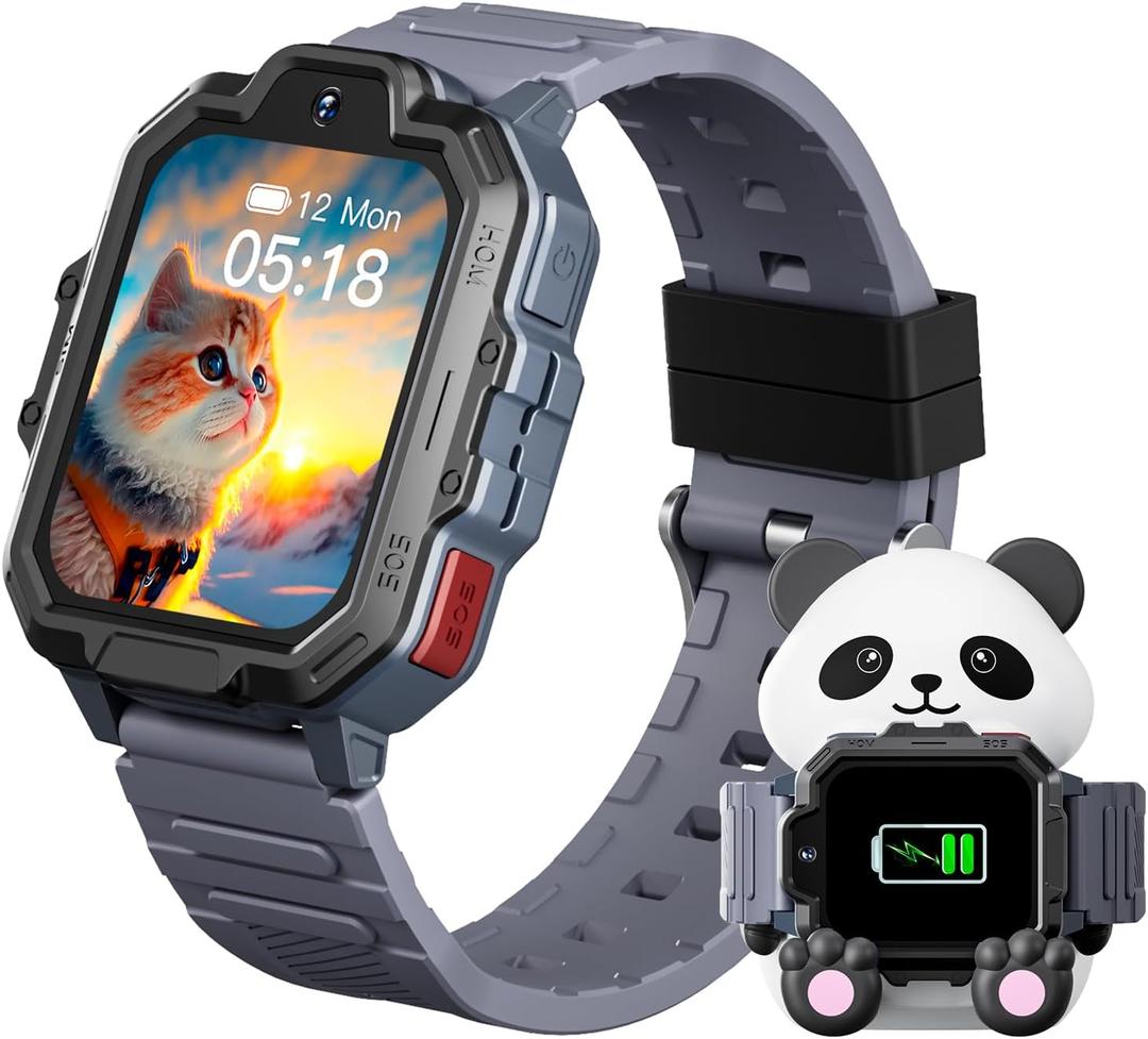 4G Kids Smart Watch, T17 Smartwatch Gifts with Panda Holder, GPS Tracker, Video Calling, SOS, Voice Chat, SMS, School Mode, Puzzle Games, HD Touch Screen for Boys & Girls 3-12Gray