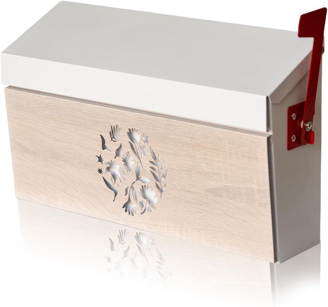 Wall Mount Mailbox, Large Capacity Mailbox for House Outside with Flag Kit Galvanized Steel Rust-Proof Metal Post Drop Box, 15.74"9.84"4.33" Flower Hollowed Wooden Patterned Metal Sheet