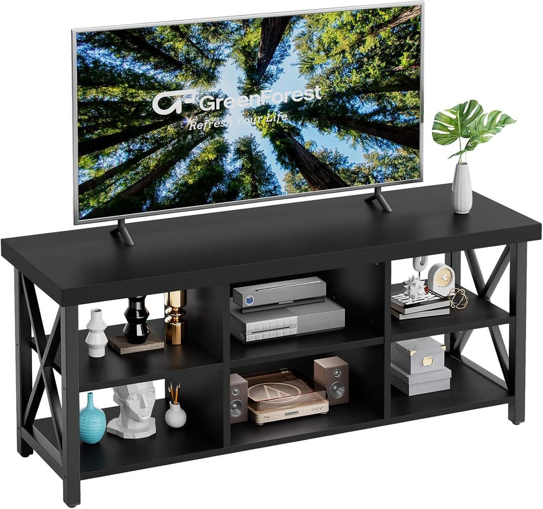 GreenForest TV Stand for TV up to 65 inches, Entertainment Center with 6 Storage Cabinet for Living Room, 55 inch Farmhouse Television Stands Console Table, Industrial TV stands for Living Room, Black