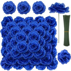 LELEE 108pcs Roses Head Flowers with Stem - Royal Blue Artificial Flowers Rose Bulk - Silk Rose Fake Flower for Wedding Bouquet Party Home Decor DIY Baby Shower Centerpieces Tables Decoration
