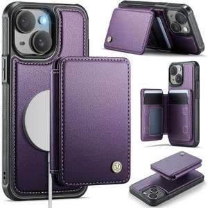 Compatible with Magsafe for iPhone 14 Plus Wallet Case Magnetic Card Holder, RFID Blocking 2 in 1 Detachable Kickstand Shockproof Case for Women Men, Purple