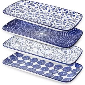 Selamica Ceramic Rectangular Serving Platters Set of 4, 12 Inch Serving Trays/Dishes for Party Entertaining, Rectangular Dinner Plates for Appetizer Salad Dessert Sushi, Vintage Blue