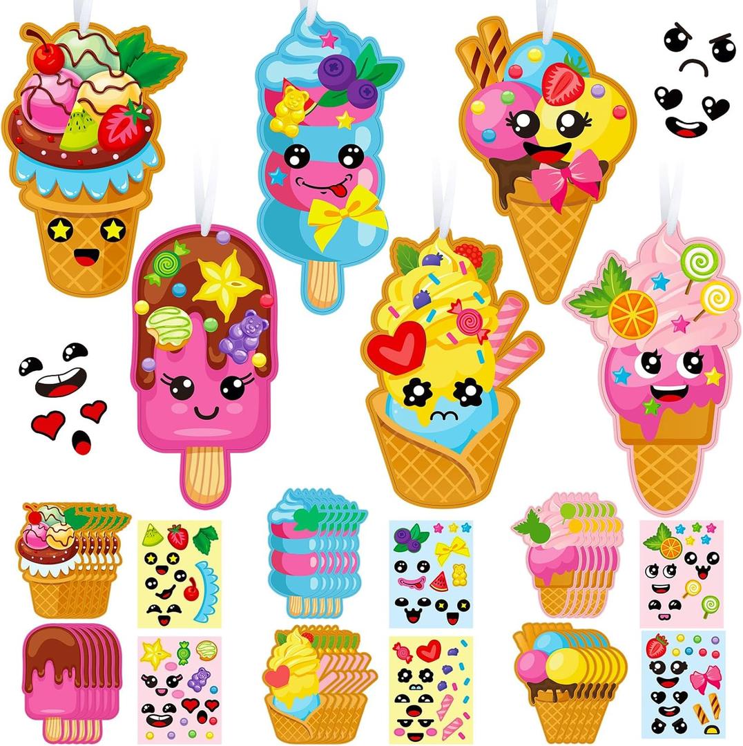 Geyoga 24 Packs Ice Cream Craft Kits for Kids Summer DIY Sweets Sticker Art Craft Set Make Your Own Ice Cream Craft DIY Summer Dessert Ornament Kit for Kids Summer Party Classroom Favors Activities