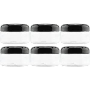 Cornucopia Brands 8oz Clear Plastic Jars w/Black Plastic Lids (6-Pack); BPA Free PET Stackable Containers for Bathroom & Kitchen Storage & Cosmetics