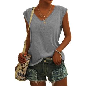 2 x Womens Cap Sleeve T Shirts V Neck Casual Tops Oversized T-Shirt Summer Trendy Lightweight Loose Fit Basic Tees (Gray, S)