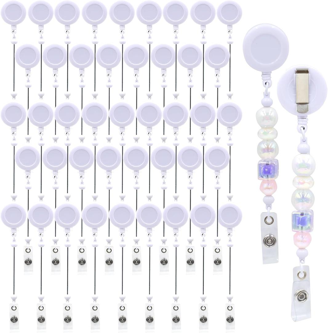 100pcs Beadable Badge Reels Making Kits - Beaded Blank Bars Bulk - Retractable Badge Reel with Belt Clip for ID Name DIY Gift Beadable Items for Nurses, Teachers, Students, Office, Workers (White)