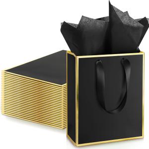 Yeaqee 24 Pack Metallic Paper Gift Bags with Handle and Tissue 9x7x3.1 Gold Foil Welcome Thank You Favor Bags Return Gifts for Wedding St. Patrick's 5 Senses Bridesmaid Birthday(Black and Gold)