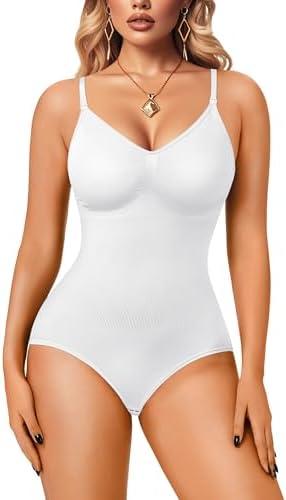 Irisnaya Women Slimming Bodysuits Shapewear Tops Tummy Control Body Shaper Spaghetti Strap Camisole Leotards Bodycon Jumpsuit, Size M/L
