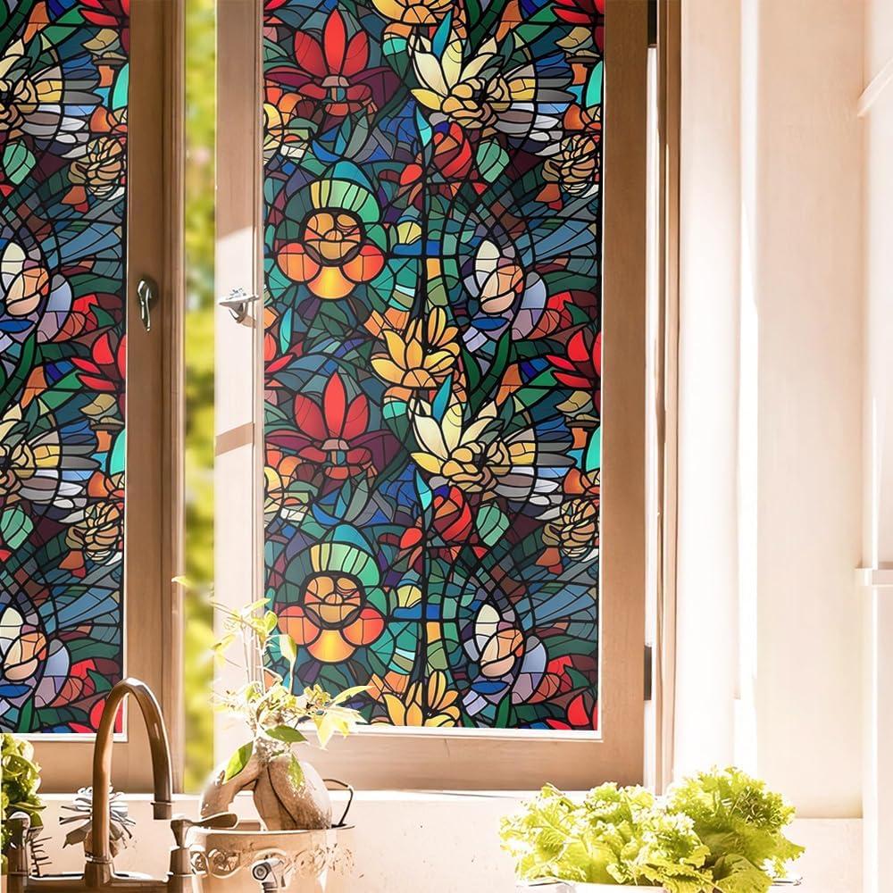 16x118 Colorful Boho Flower Stained Glass Double Side Window Films Art Decorative Privacy Tinting Film Self-Adhesive Static Glass Window Clings Stickers for Living Room Bathroom Glass Decor