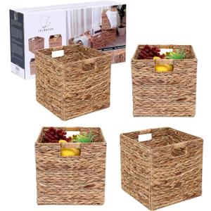 JCLD&YO9 Foldable Handwoven Water Hyacinth Storage Baskets Wicker Cube Baskets Rectangular Laundry Organizer Totes,Set of 4 Pcs,12x12x12inch