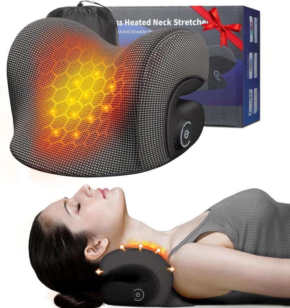 Wireless Heated Neck Stretcher for Pain Relief, Portable Cordless Neck Shoulder Cervical Traction Device with Graphene Heating Pad No Smell Magnetic Therapy Case Relaxer for TMJ Migraine Spine Alignme (Gray)