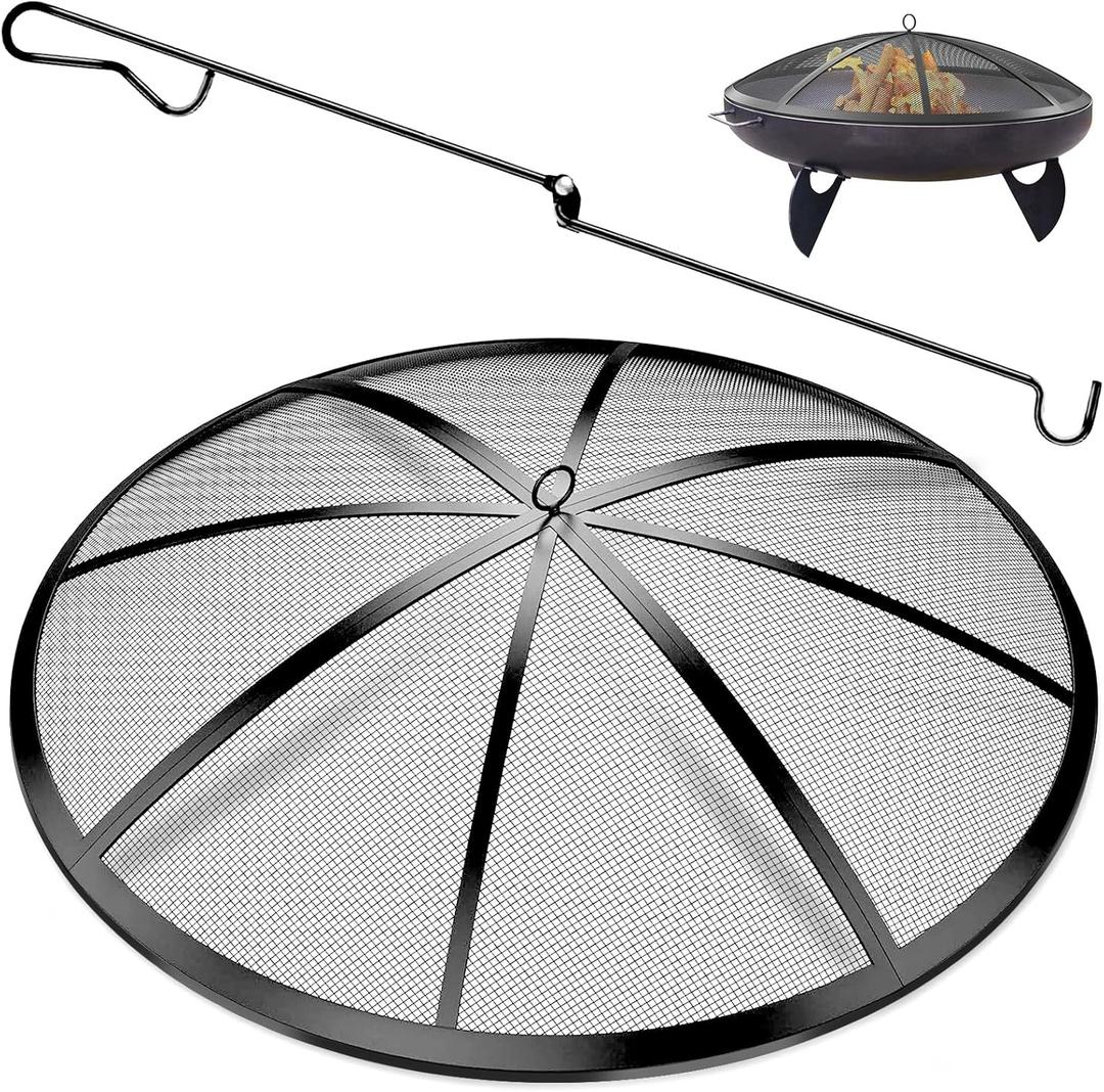 Fire Pit Spark Screen, 36Inch Fire Pit Lid Outdoor with Handle & Poker, Heavy-Duty Mesh Firepit Cove with 12 Reinforced Bars for Backyard/Beach/RV Camping (36 Inch)