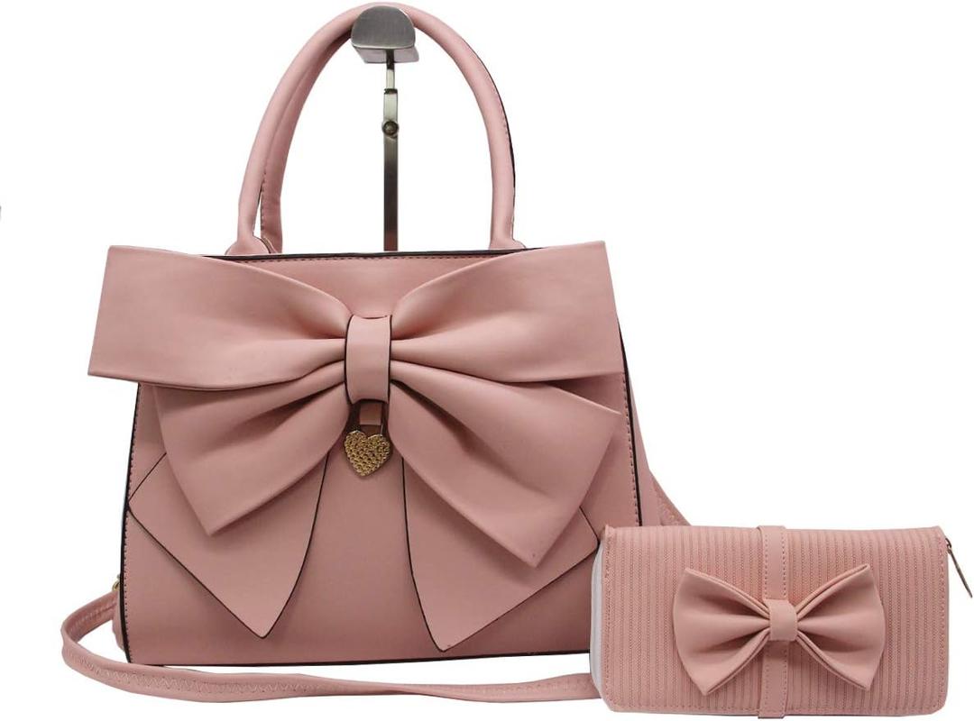Women Handbag 2 Pcs Set Big Bow-Knot PU Leather Top Handle Bag Designer Tote Bag Clutch Wallet Set for Ladies (Pink)