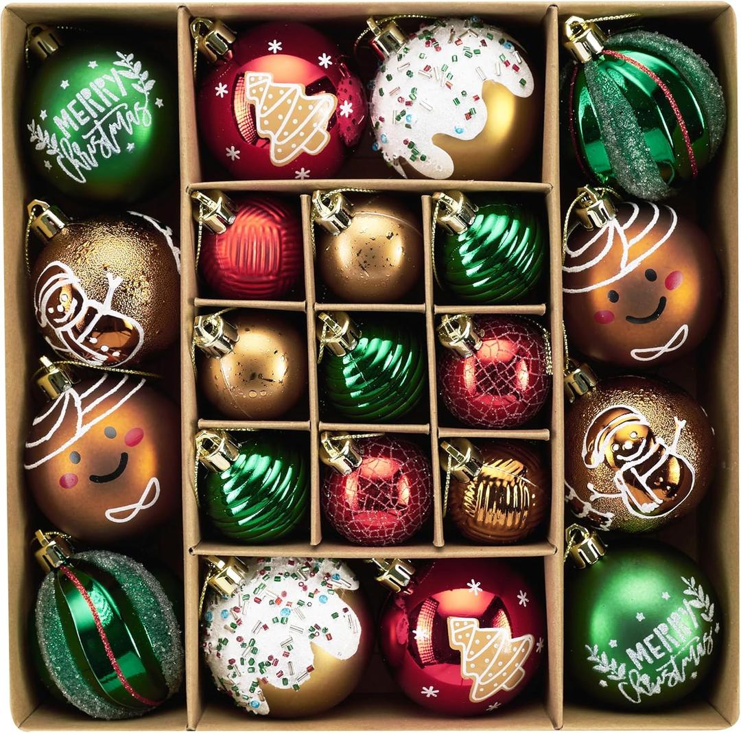 DecorbyHannah Gingerbread Christmas Ornaments Set, 21ct Red Green Gold Ornaments for Christmas Tree, Shatterproof Plastic Decorative Hanging Ball Bulk Decorations for Xmas Holiday Indoor Party Decor