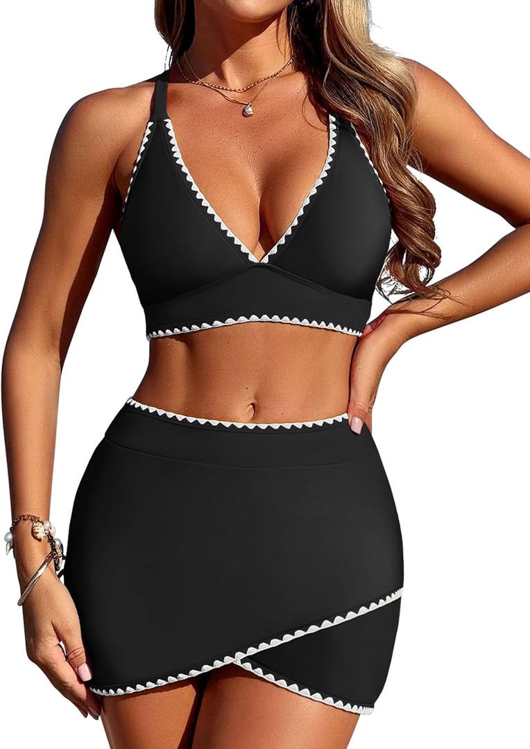ZAFUL Women's High Waisted Bikini with Skirt Whip Stitch 2 Piece Swimsuits Tummy Control Bathing Suit (Large, 0-black)