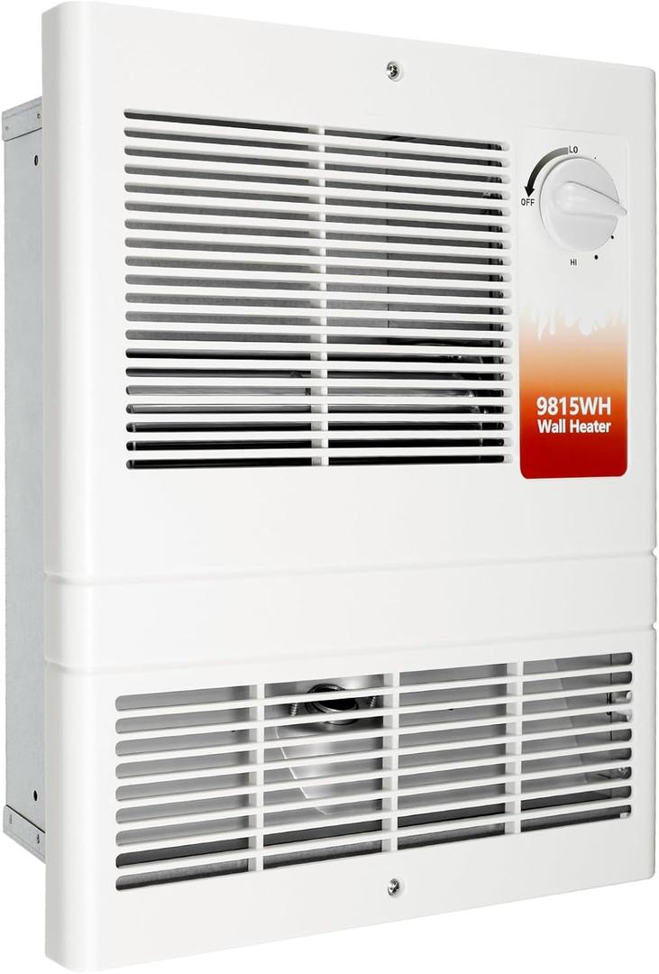 9815WH Large Capacity Electric Wall Heater with Built-in Adjustable Thermostat and Silent Motor, Overheat Protection, 1500 Watts, 120/240 Volts, White