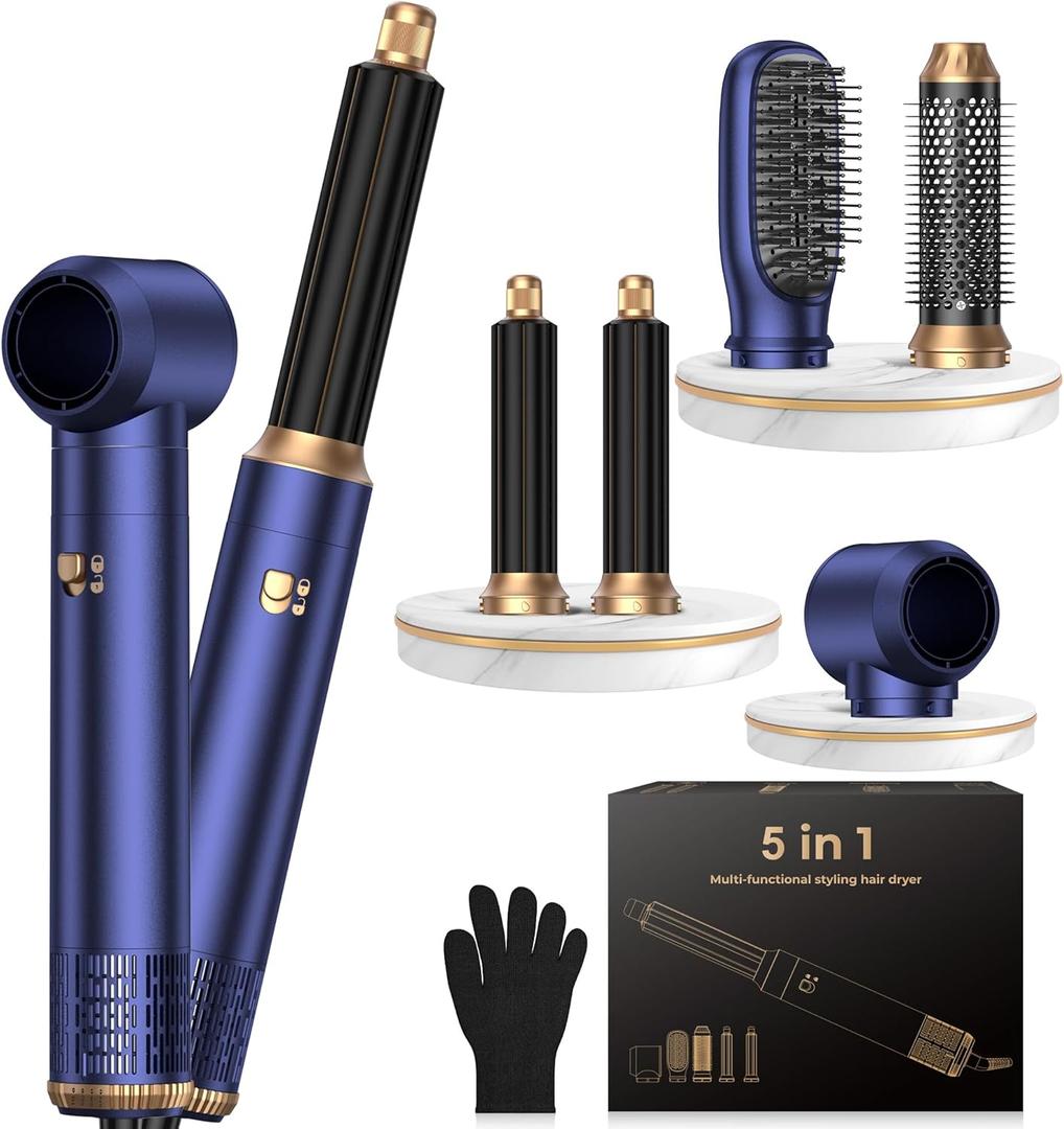 5 in 1 Hair Dryer Brush Set,Professional Negative Ionic Hot Air Styler, Air Curling Wrap Styler,Detachable Blow Dryer Brush With Auto Wrap Curlers,Hair Styling Tools For Straight/Curl/Drying/Smoothing (Blue Gold)