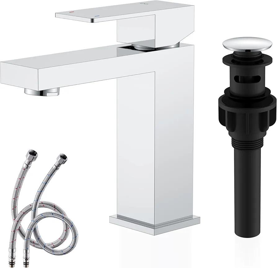 KENES Chrome Bathroom Faucet Single Handle Bathroom Sink Faucet Lavatory Vanity Faucet with Pop Up Drain & Water Supply Lines LJ-9031-5