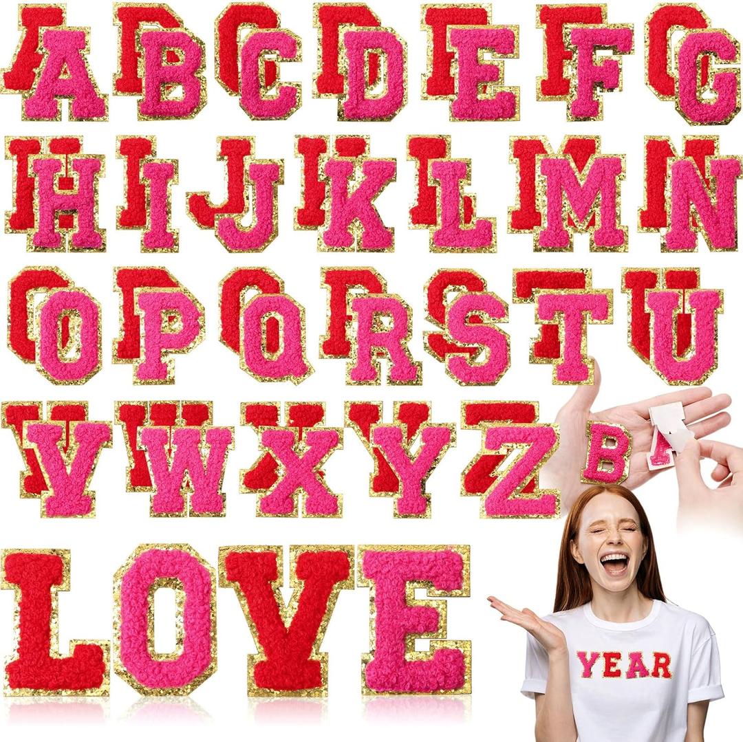 WILLBOND 52 Pcs Chenille Letter Patches A-Z, Self Adhesive Alphabet Patches for Clothes, Bags, Hats DIY, Name Craft & Personalized Best Mom Groovy Wedding Gifts(Red, Rose Red,2.2 Inch)