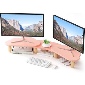 Dual Monitor Stand Riser, Adjustable Rainbow Cloud Desktop Organizer for 2 Monitors, Flexible Length & Angle Computer Stand for Laptop, PC, Printer, Home Office Use - Pink