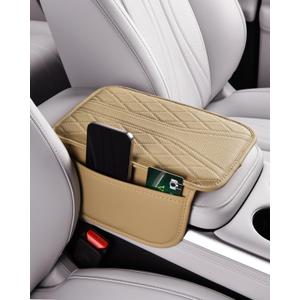 ESKONKE [Upgraded] Car Center Console Cover with 2 Storage Bags - Premium Nappa Leather Armrest Cover, Scratch & Wear Resistant, Waterproof Car Interior Accessories (Upgrade - Hampagne Beige)