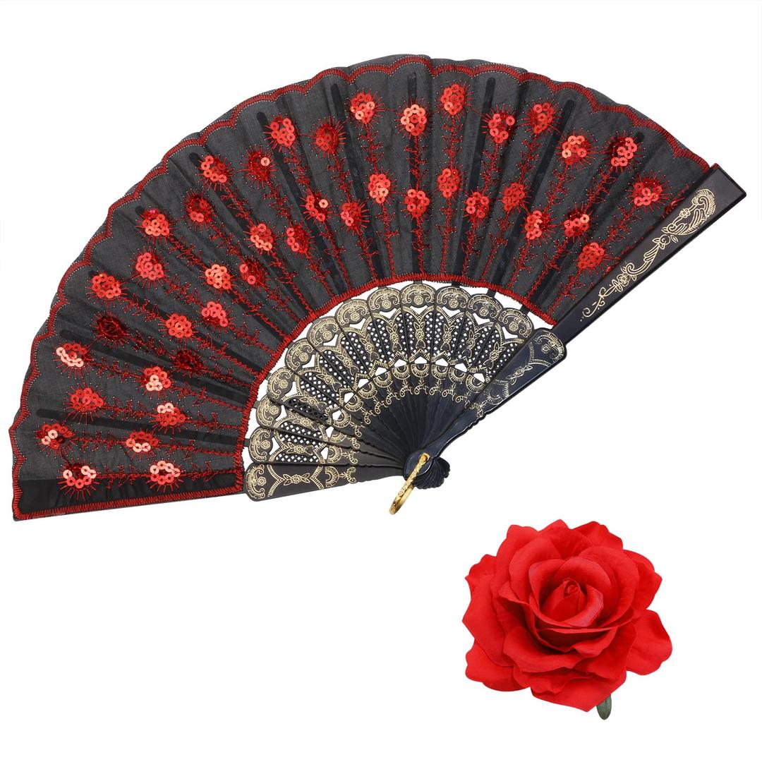 Penta Angel Rose Flower Hair Clip and Embroidered Sequins Fabric Peacock Handheld Folding Fan for Women Girls Flamenco Dancer Halloween Party Costume (Red)