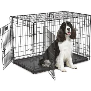 36 Inches Dog Crate Large Foldable Dog Kennel Metal Wire Pet Dog Cage with Double-Door Leak-Proof Tray Divider Panel and Handle for Dog Cat Pet,Black 36”X25”X22.5”