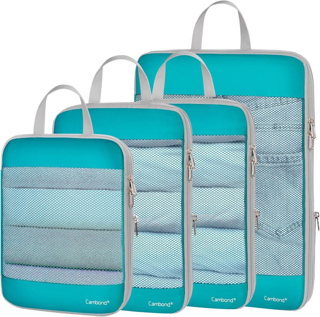Cambond See Through Mesh Compression Packing Cubes - 4 Piece Expandable Space Saving Packing Cubes for Travel, Lightweight Travel Bags Luggage Packing Organizer Essentials for Suitcases, Lake Blue (4-Piece Set (Weekend/Short Trip Essentials))