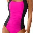 Women's One Piece Tummy Control Swimsuit Ruched Slimming Bathing Suit Color Block Swimwear (2XL, Hot Pink Black)