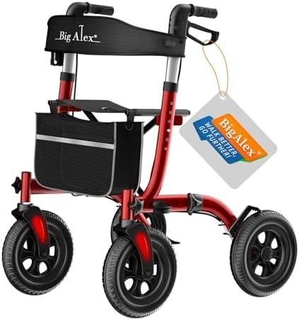 Big Alex Rollator Walker with Seat, Walker for Seniors with Wider Seat, Folding Rolling Walkers with 10" All-Terrain Wheels, Lightweight Aluminum Walkers Rollator with Backrest, Cup Holder,Red: Health & Household